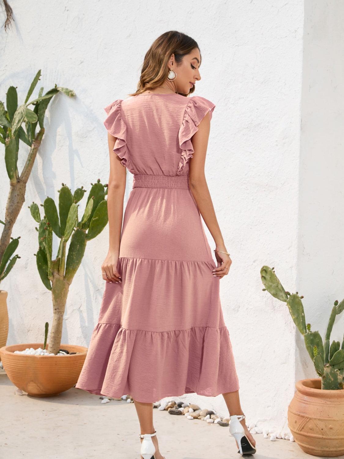 Tiered Ruffled V-Neck Cap Sleeve Dress - ClubOn