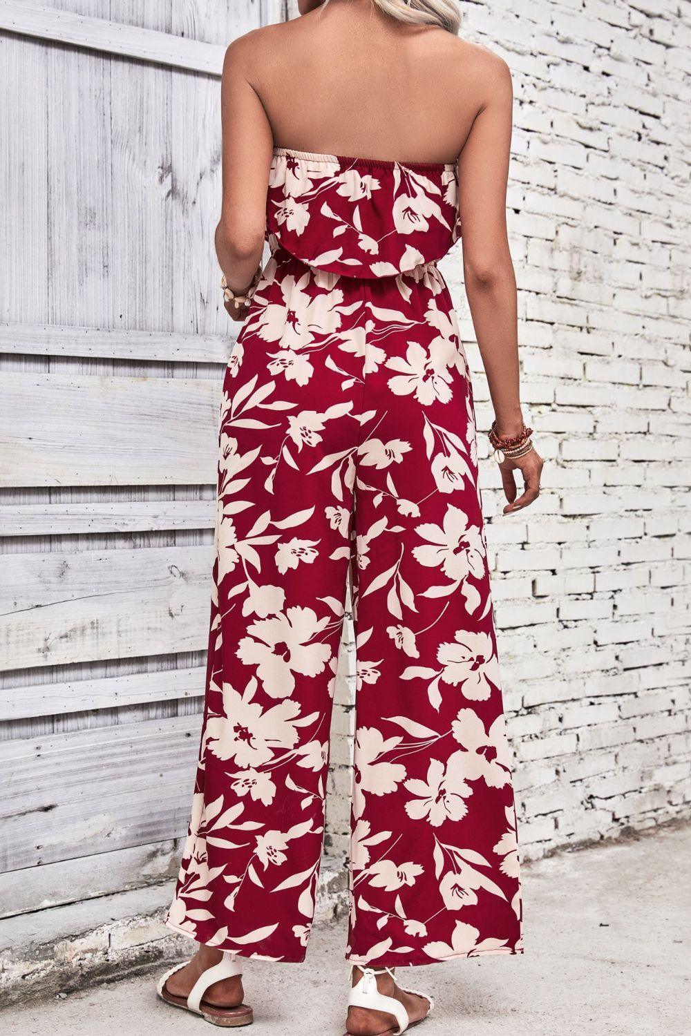 Perfee Floral Strapless Wide Leg Jumpsuit - ClubOn