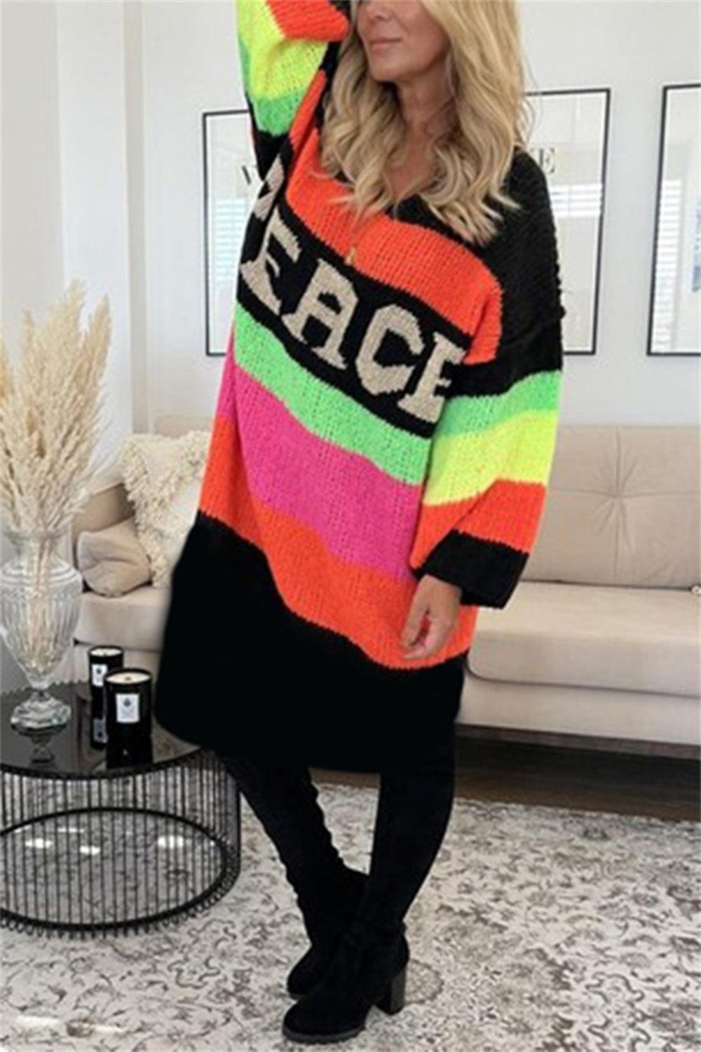 Color Block V-Neck Long Sleeve Sweater Dress - ClubOn