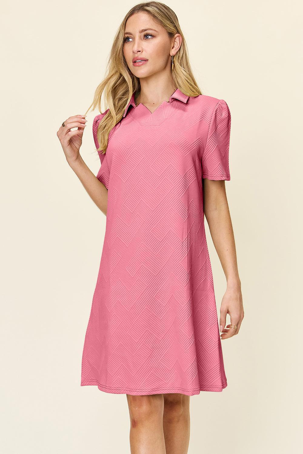 Double Take Full Size Texture Collared Neck Short Sleeve Dress - ClubOn