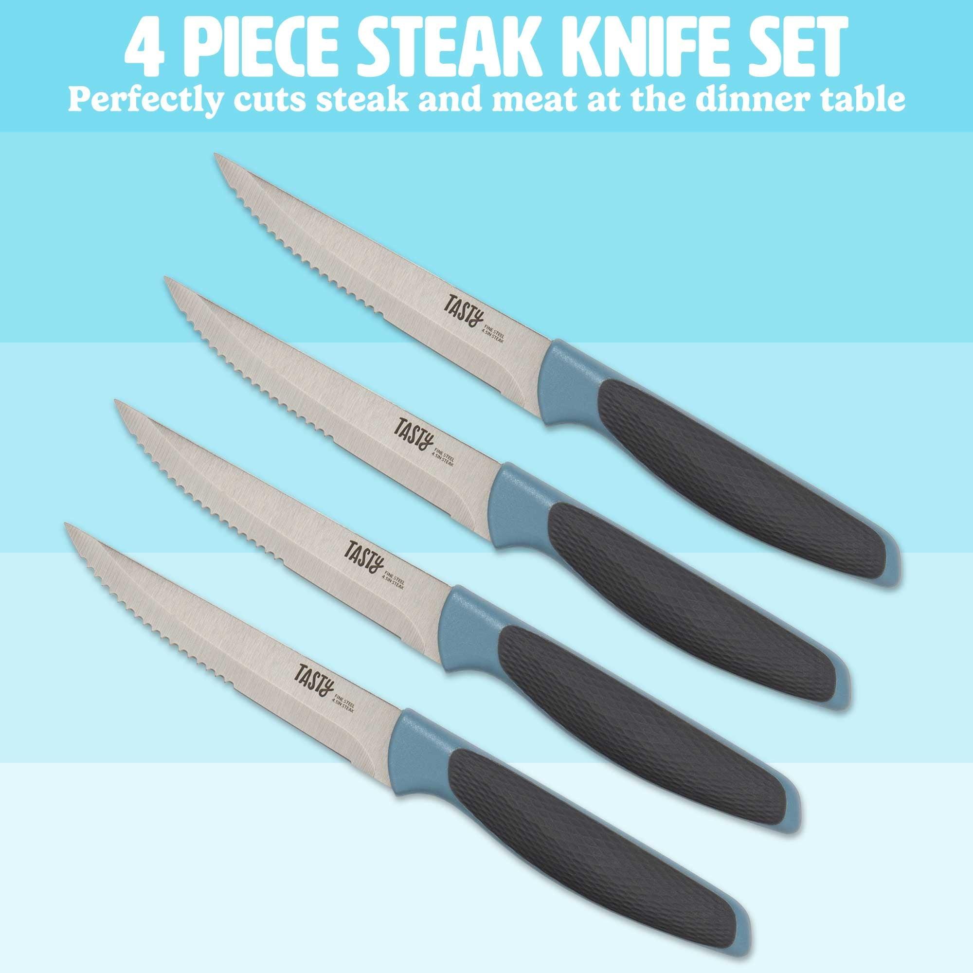 Tasty 4-Piece Stainless Steel Steak Knife Set – Serrated Edge, Blue - ClubOn