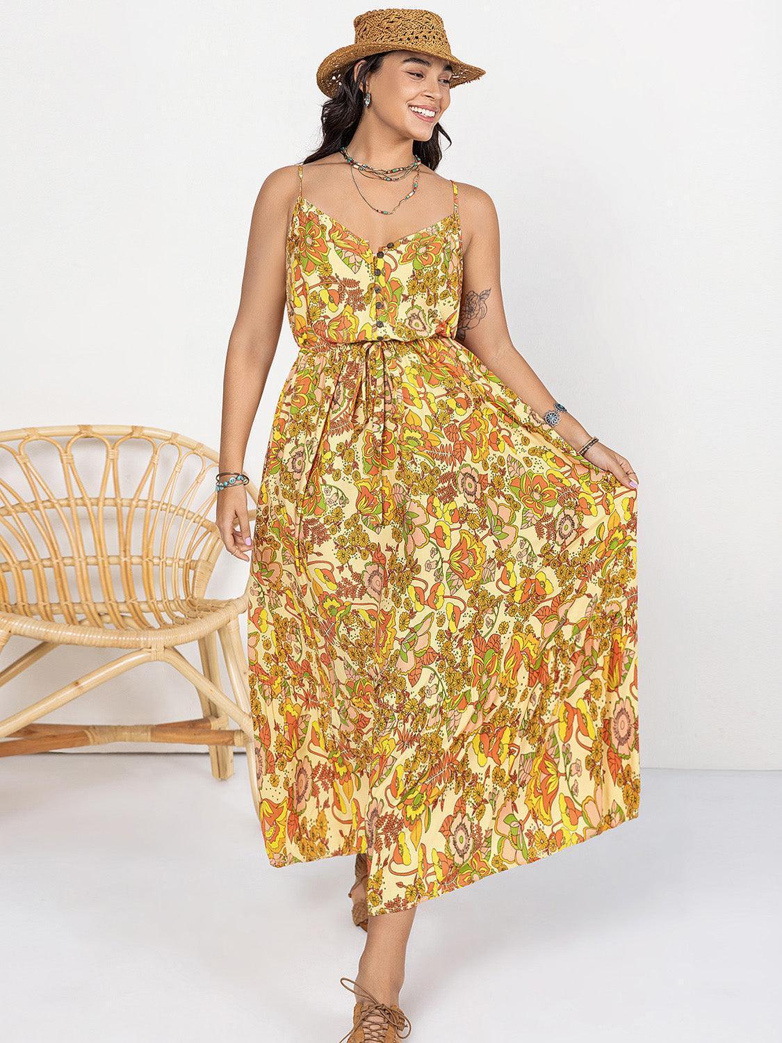 Plus Size Printed V-Neck Maxi Cami Dress - ClubOn
