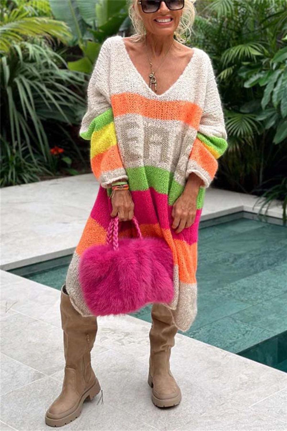 Color Block V-Neck Long Sleeve Sweater Dress - ClubOn