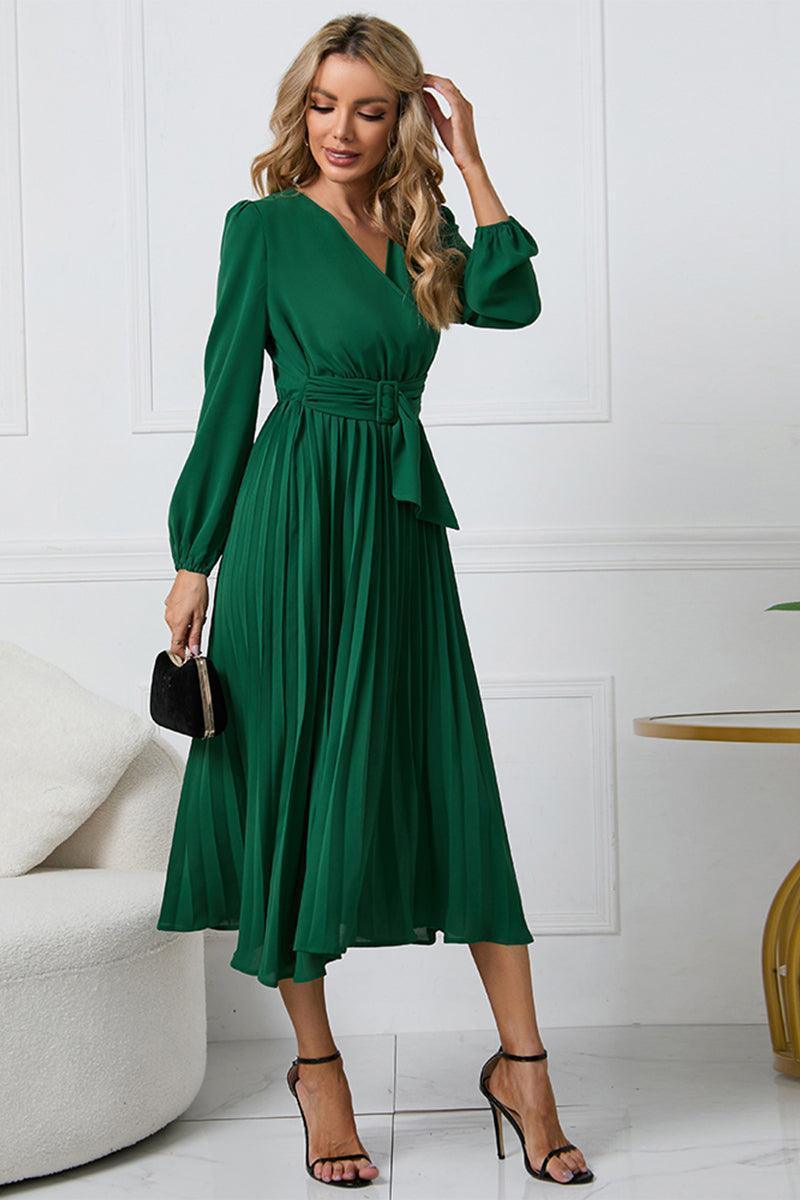 V-Neck Long Sleeve Tie Waist Midi Dress - ClubOn