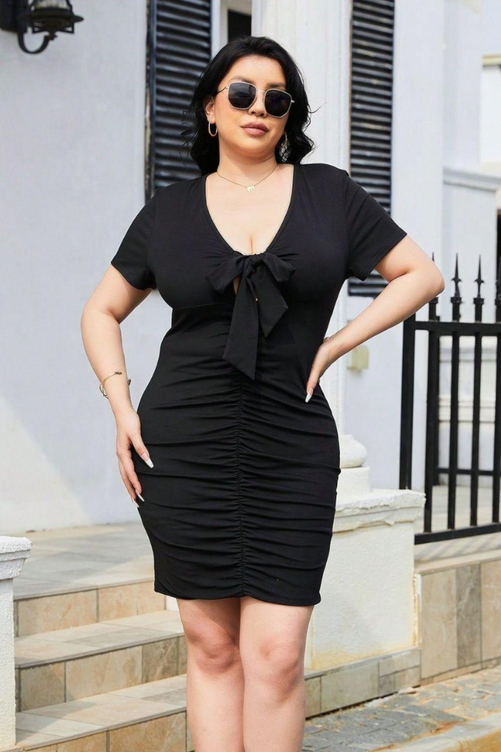 Plus Size Ruched Tied Short Sleeve Mini Dress - ClubOn
