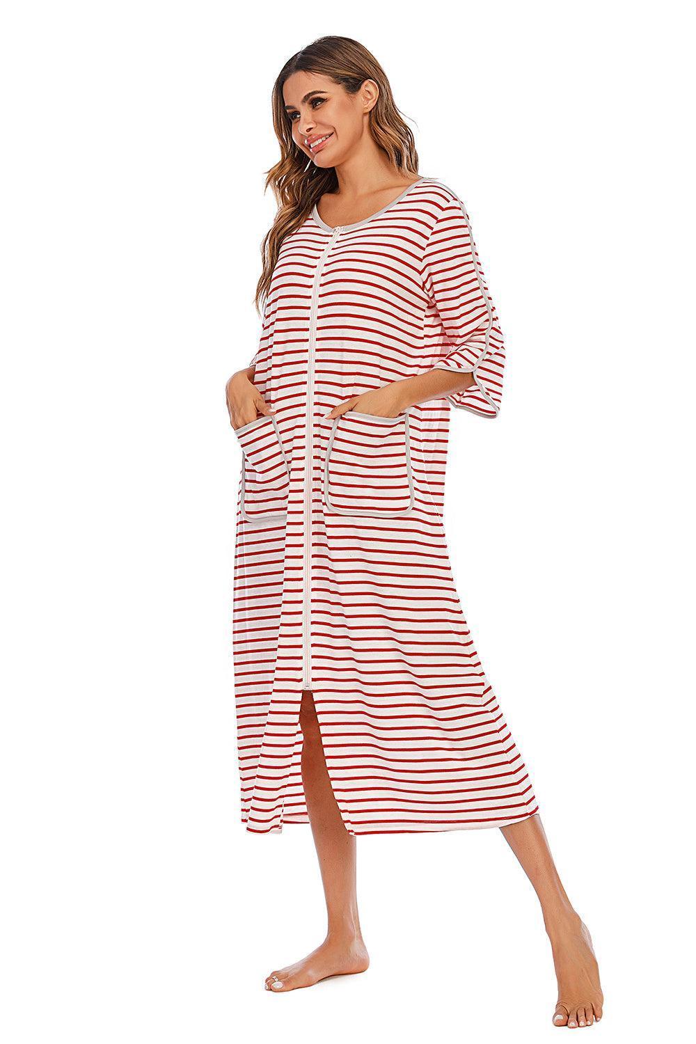 Round Neck Three-Quarter Sleeve Midi Night Dress - ClubOn