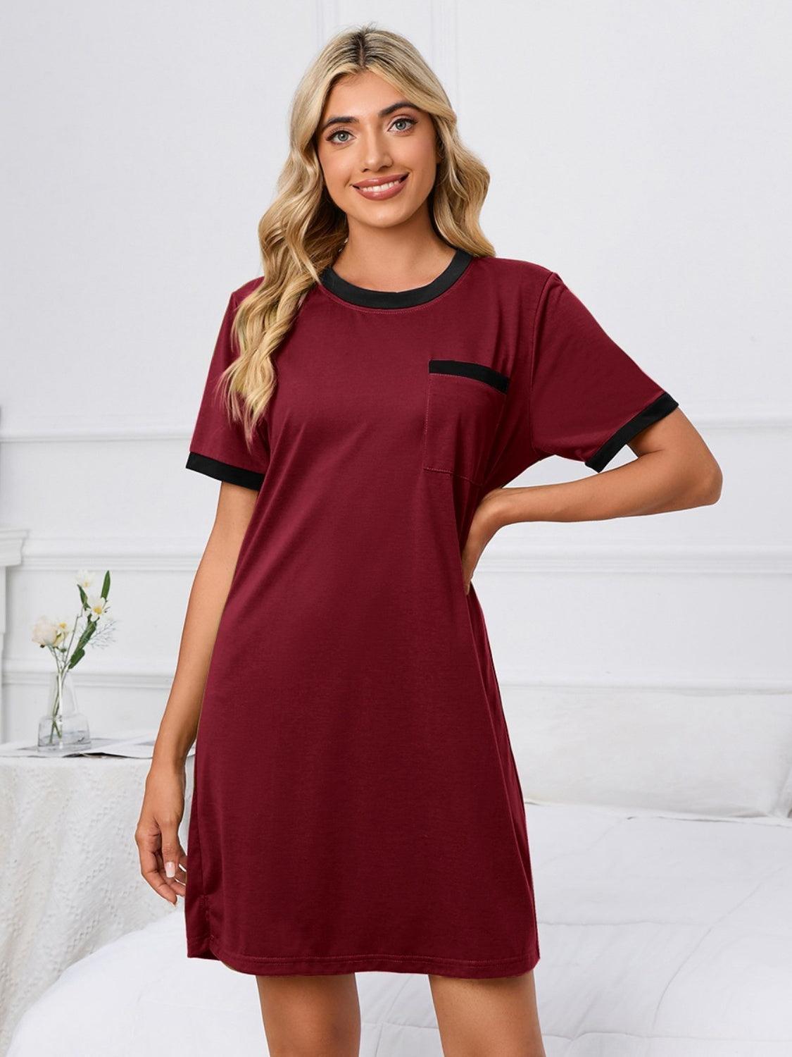Contrast Trim Round Neck Mini Dress - ClubOn