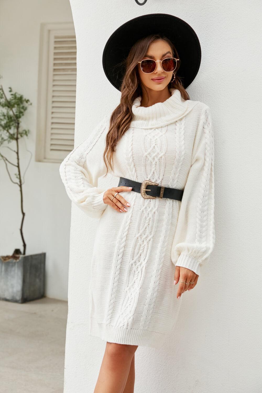 Woven Right Mixed Knit Turtleneck Lantern Sleeve Sweater Dress - ClubOn