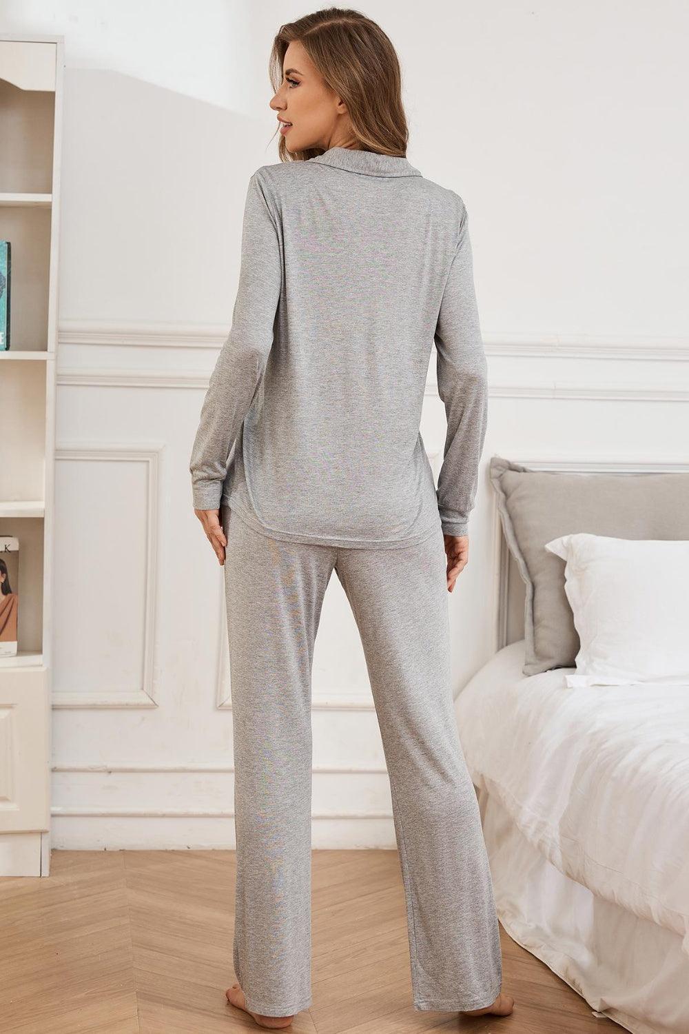 Button Up Long Sleeve Top and Pants Lounge Set - ClubOn
