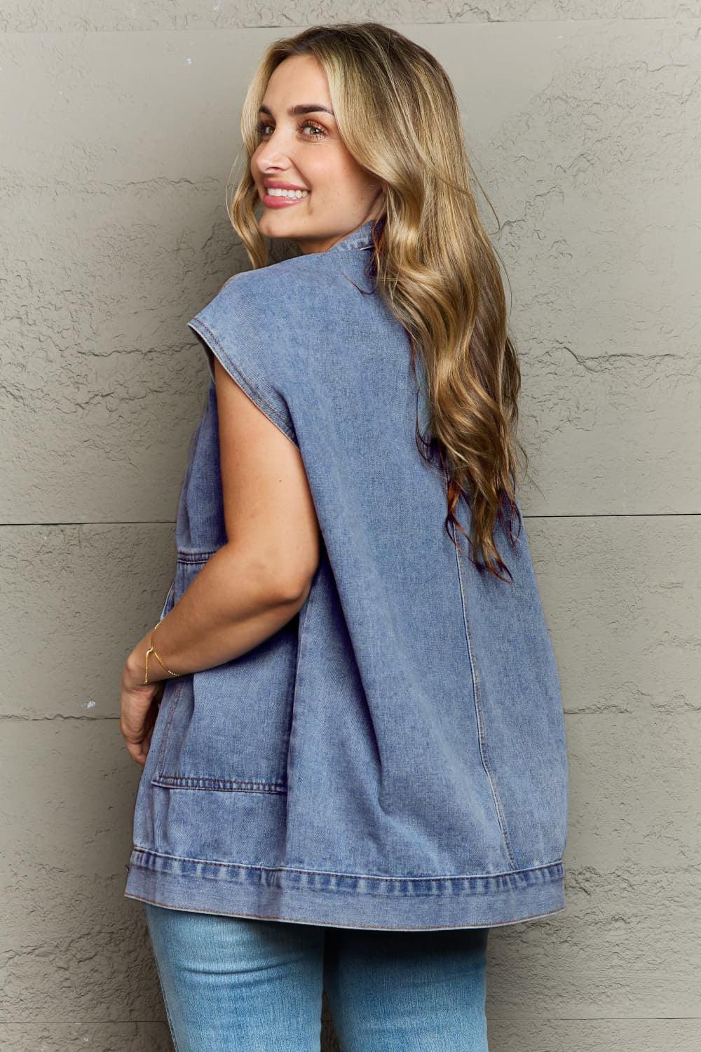 Collared Neck Sleeveless Denim Top with Pockets - ClubOn