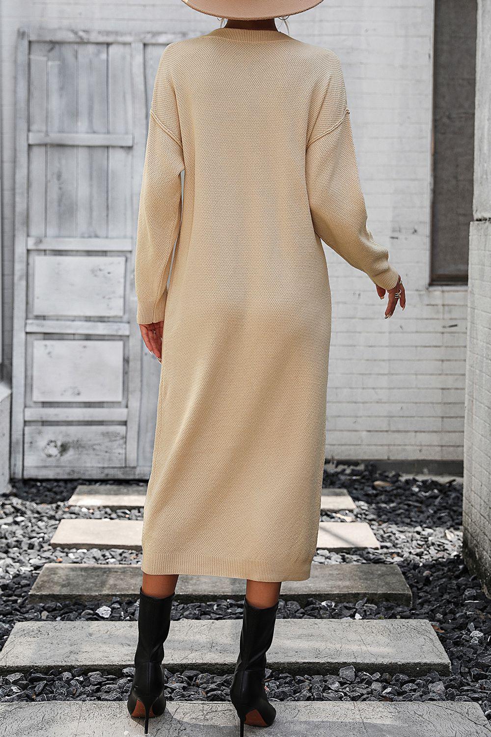 Decorative Button Notched Dropped Shoulder Sweater Dress - ClubOn