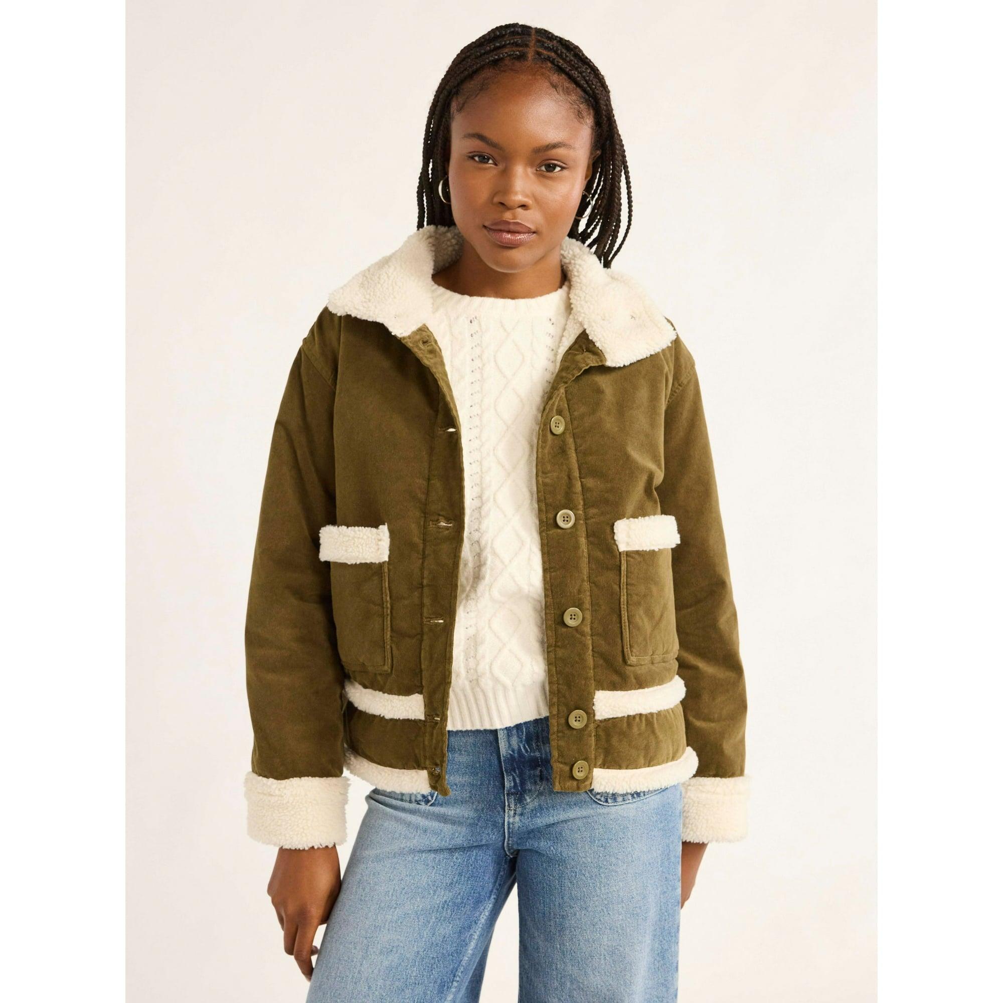 Free Assembly Women’s & Plus Corduroy Jacket with Faux Shearling Trim, Sizes XS-4X | Cozy & Stylish Outerwear - ClubOn