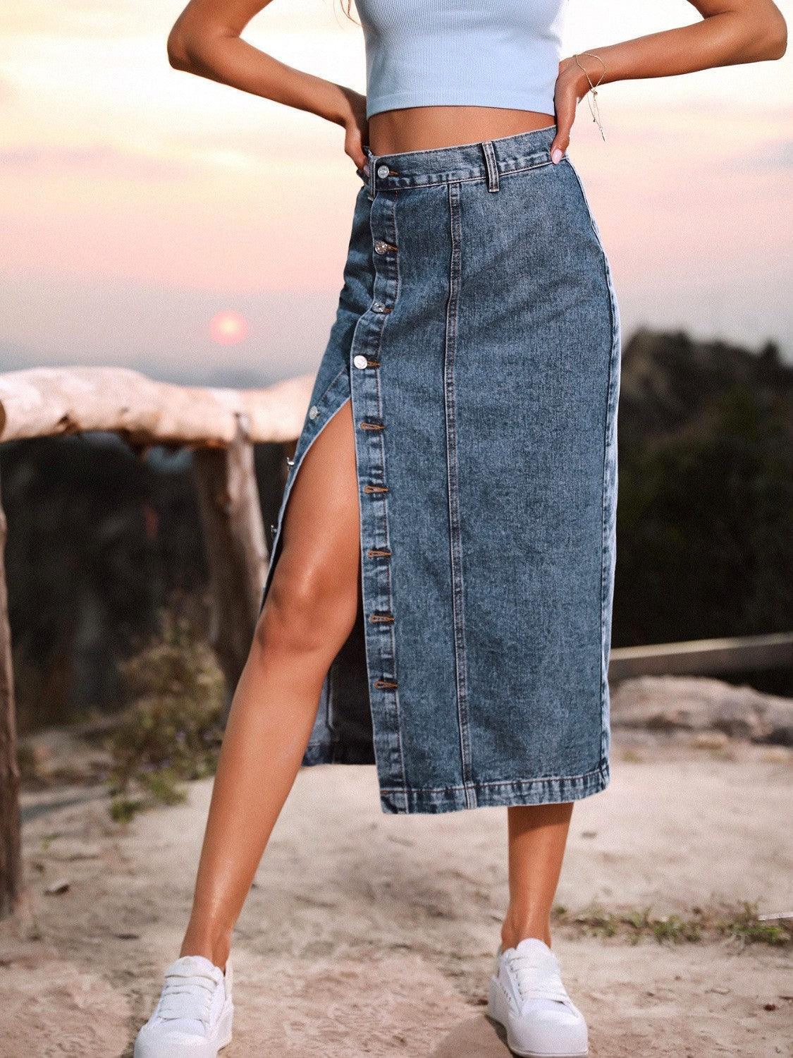 Button Down Denim Skirt - ClubOn