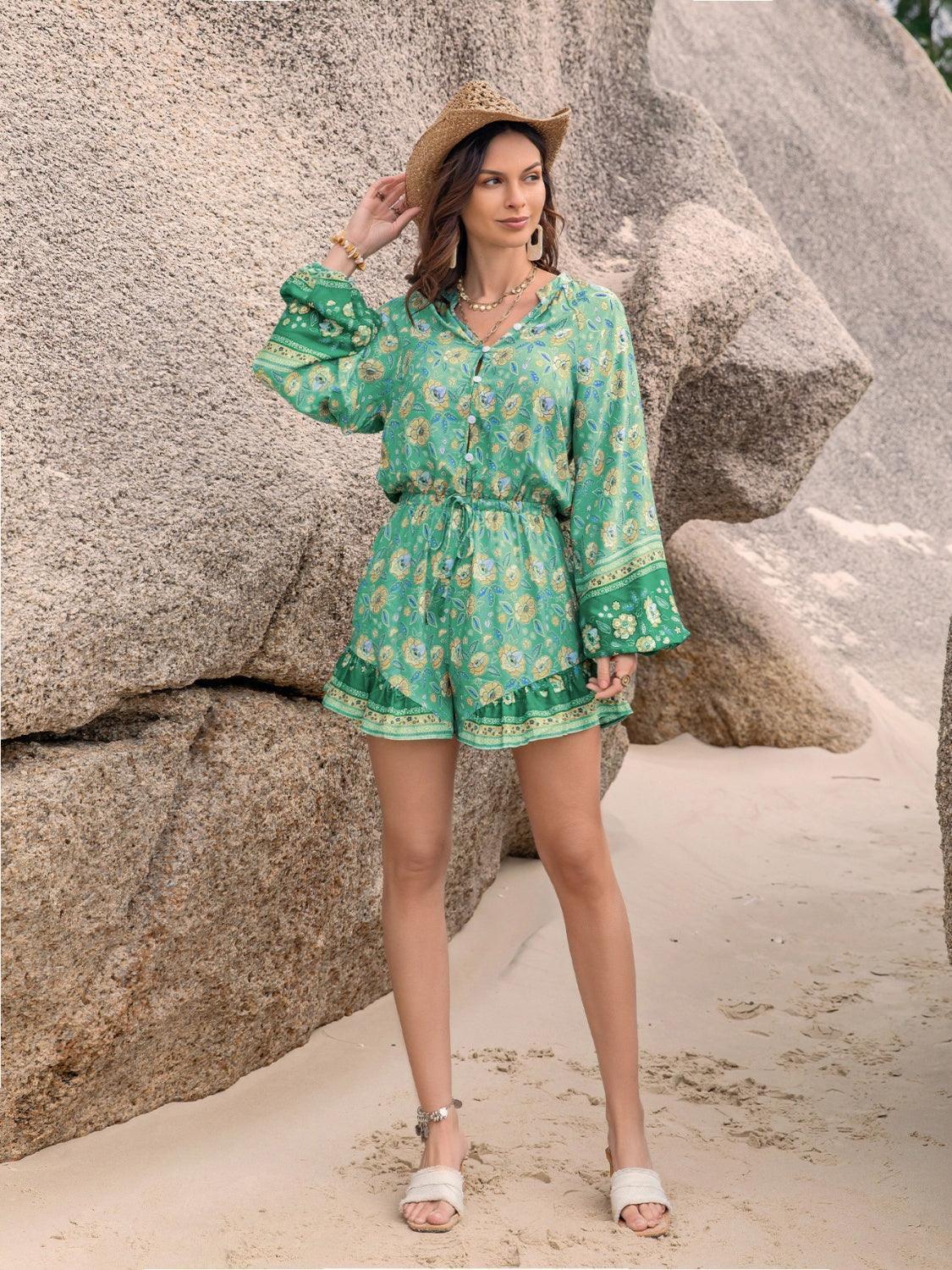 Printed Ruffled Balloon Sleeve Romper - ClubOn