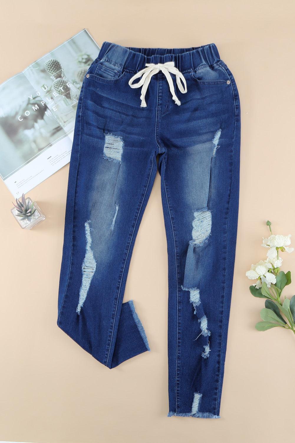 Drawstring Distressed Raw Hem Jeans with Pockets - ClubOn