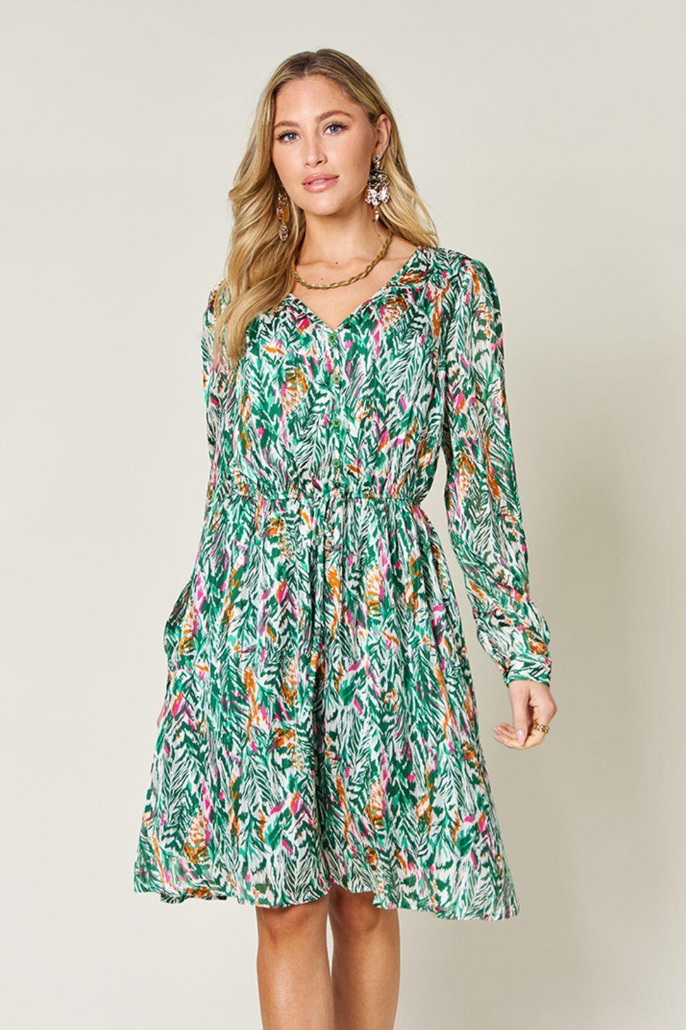 Double Take Full Size Printed Drawstring Waist Long Sleeve Dress - ClubOn