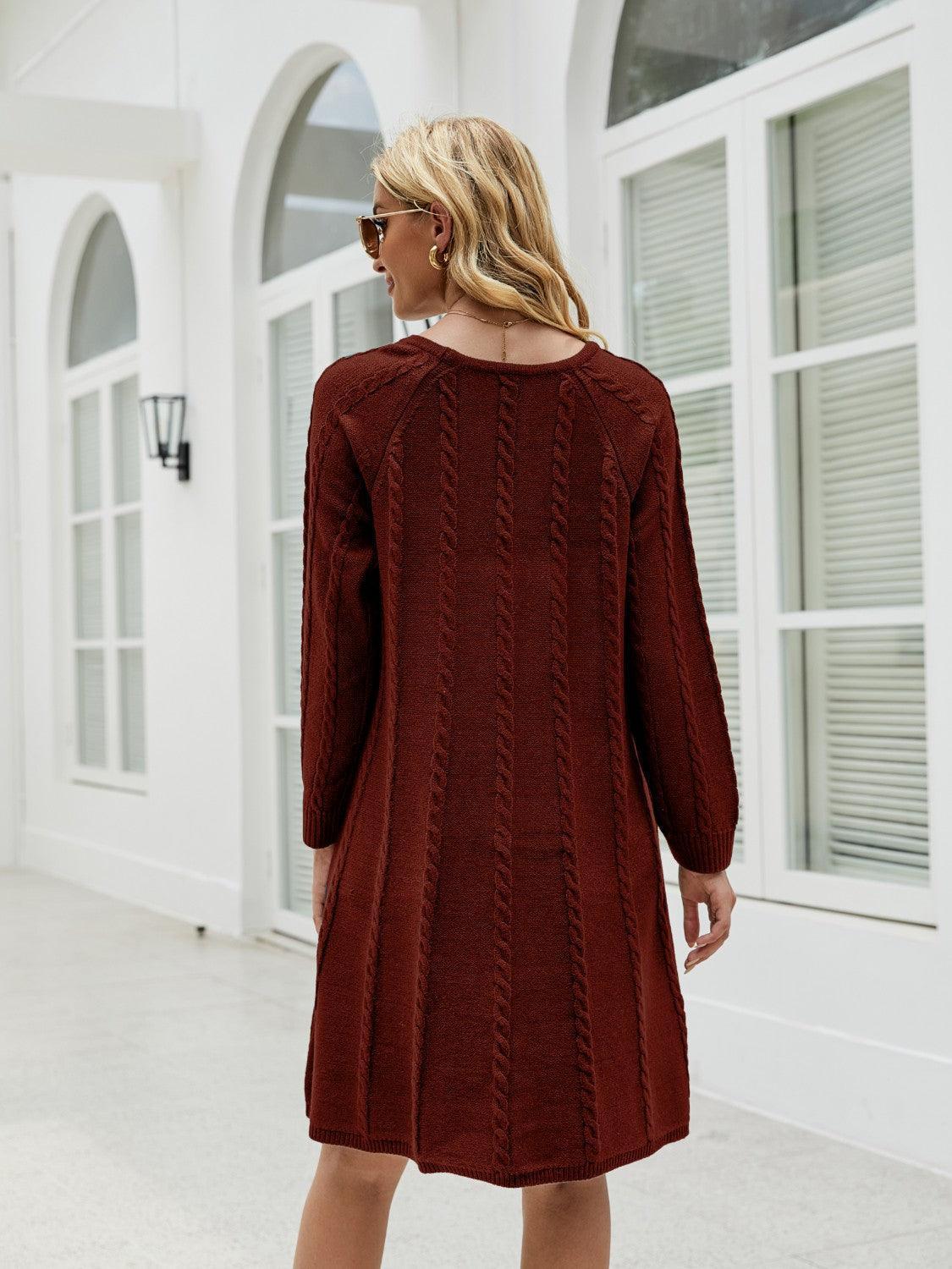 Cable-Knit Long Sleeve Sweater Dress - ClubOn