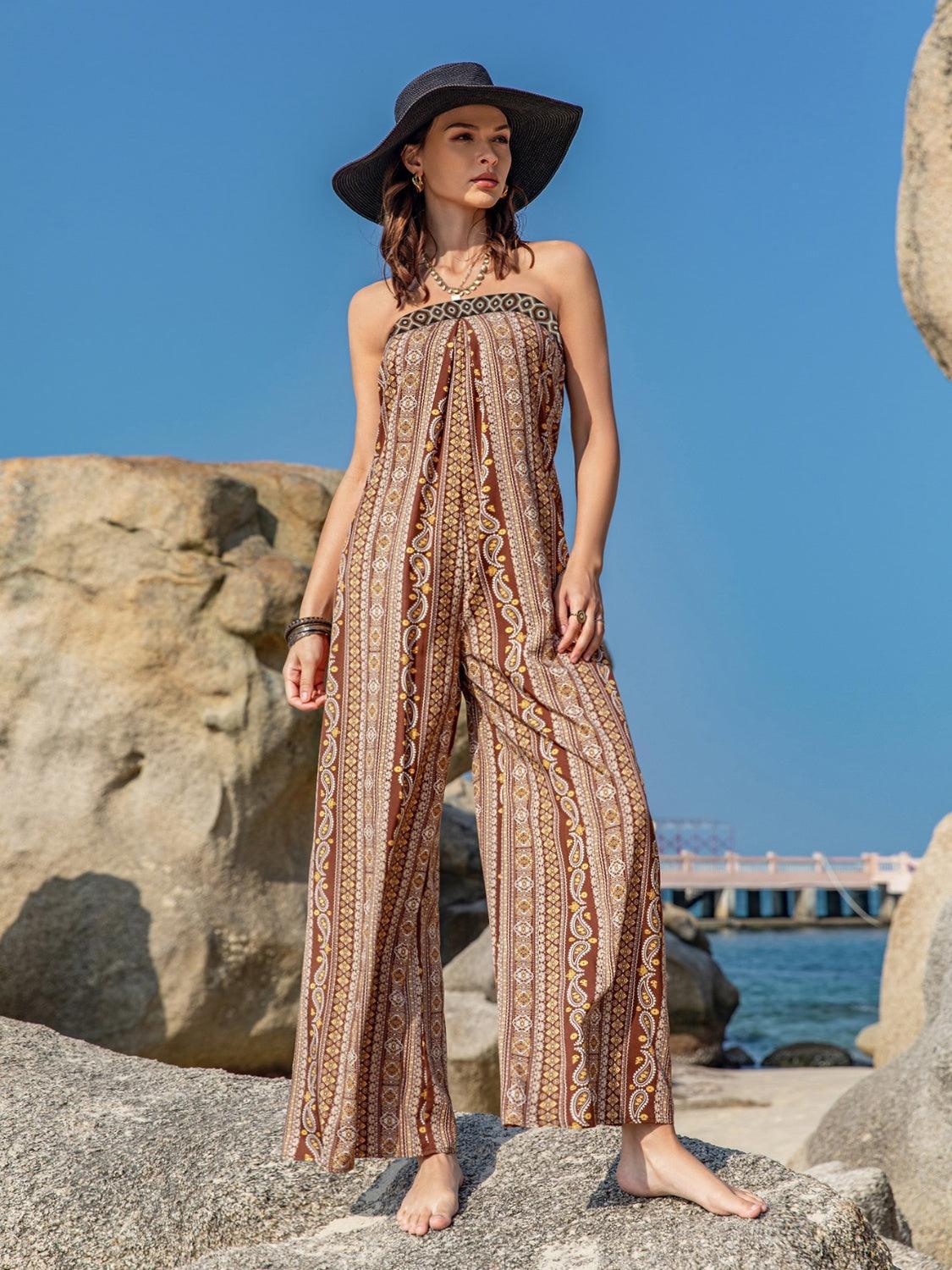 Tied Printed Tube Wide Leg Jumpsuit - ClubOn