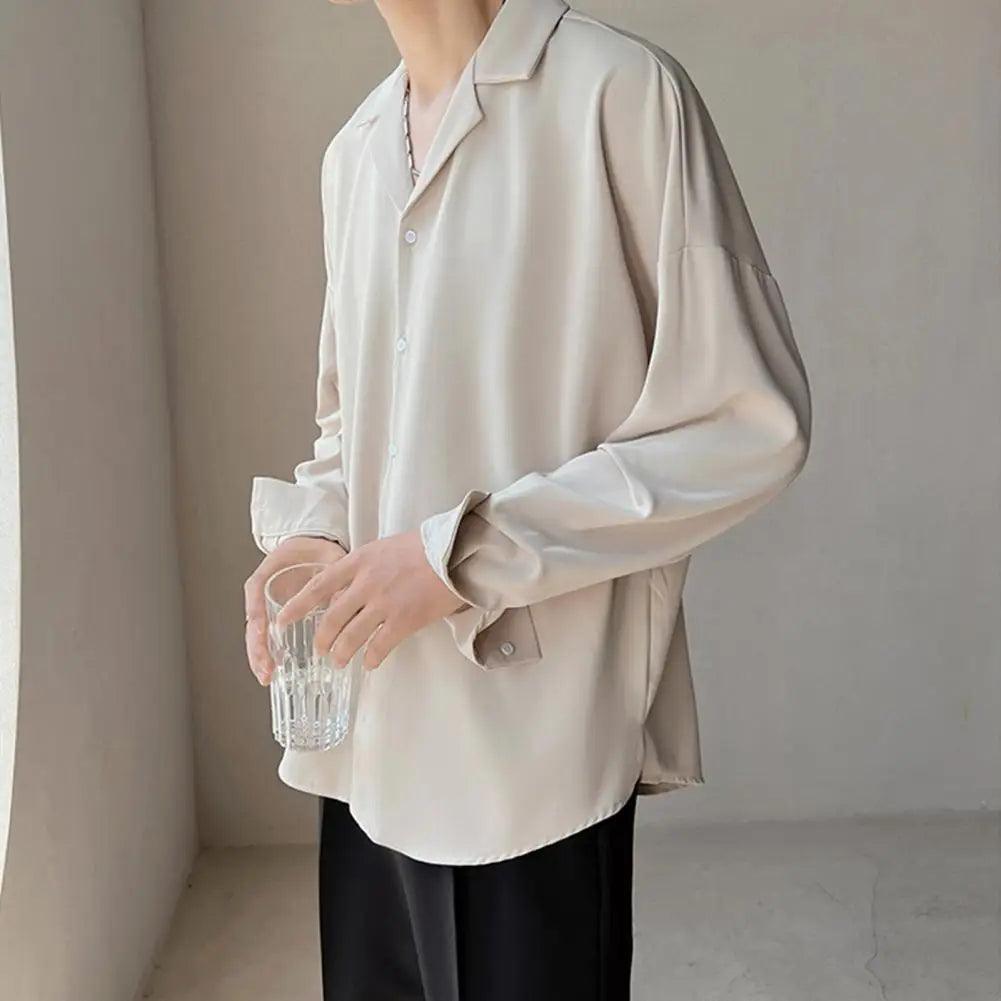 Men's Spring Cuban Neck Shirt - Casual Solid Color Long Sleeve Top - ClubOn