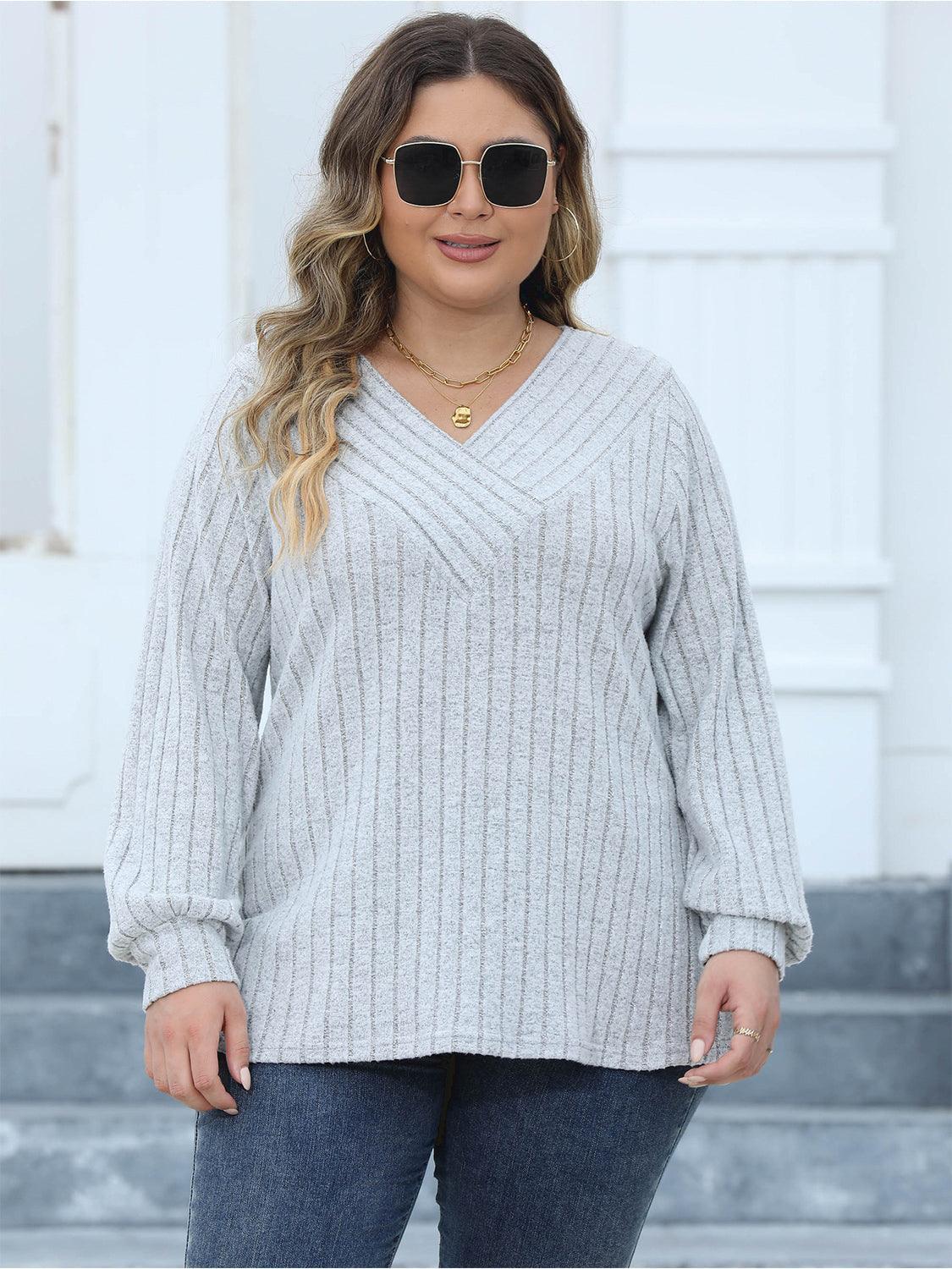 Plus Size Ribbed V-Neck Long Sleeve Top - ClubOn