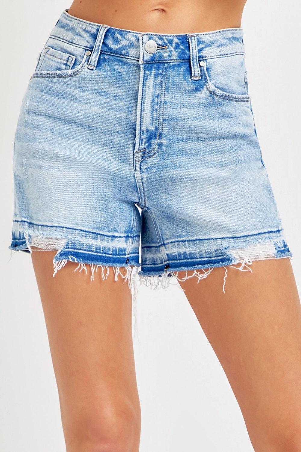 RISEN High Rise Distressed Hem Denim Shorts - ClubOn