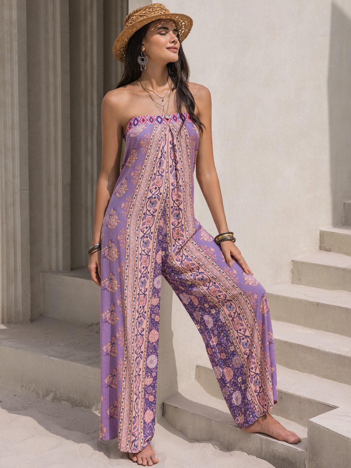 Tied Printed Tube Wide Leg Jumpsuit - ClubOn