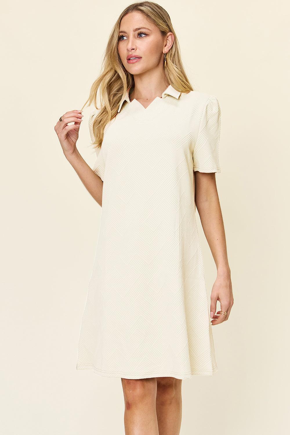 Double Take Full Size Texture Collared Neck Short Sleeve Dress - ClubOn