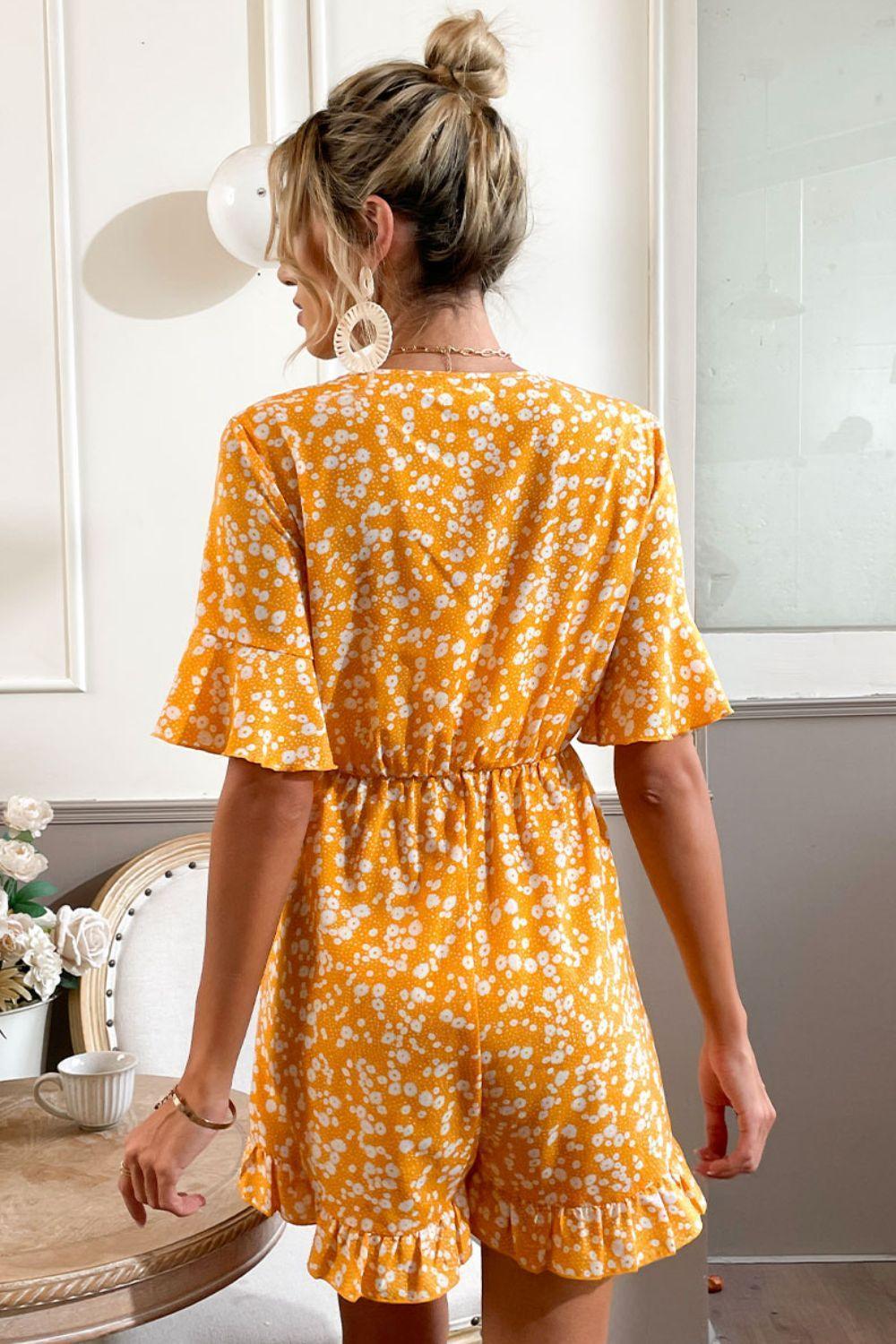 Shiny Printed Surplice Neck Ruffled Romper - ClubOn
