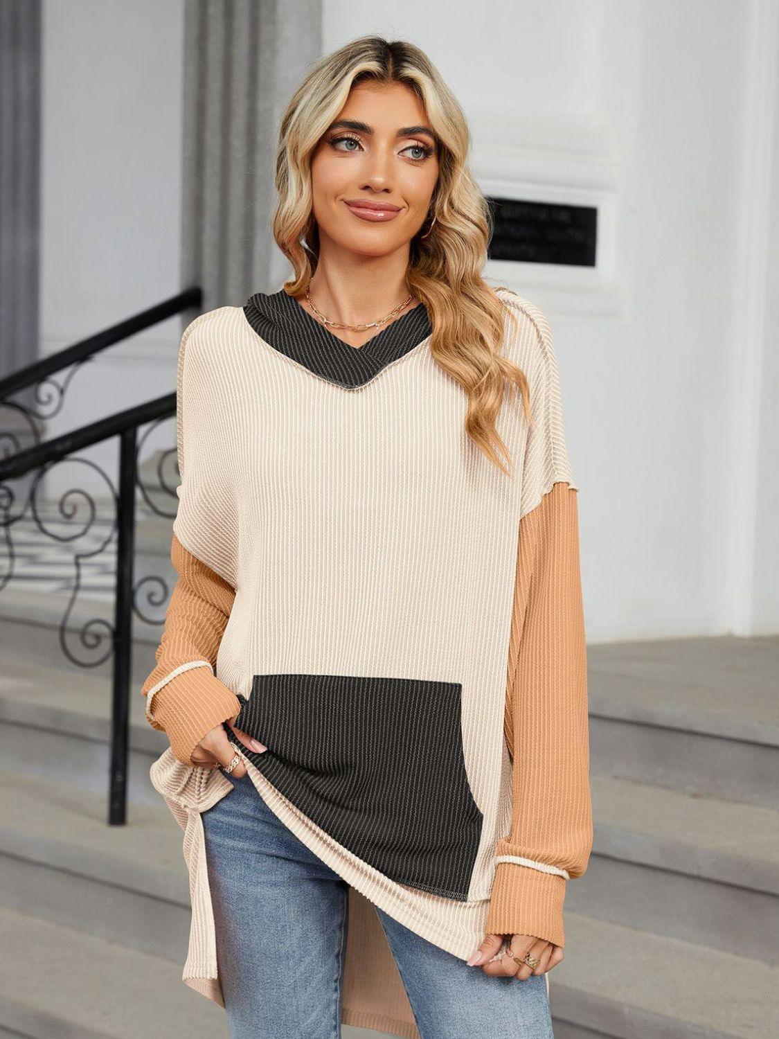 Double Take Contrast Hooded Long Sleeve Top - ClubOn