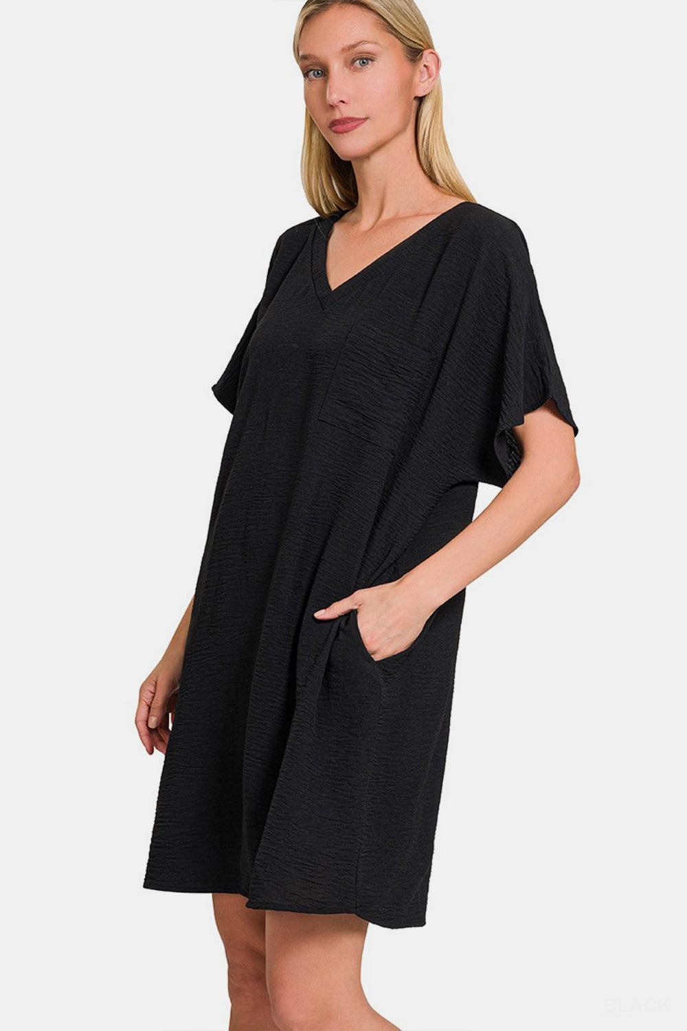 Zenana V-Neck Tee Dress with Pockets - ClubOn