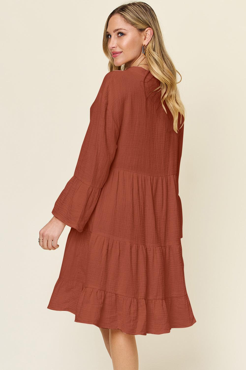 Double Take Full Size Texture Button Up Ruffle Hem Dress - ClubOn