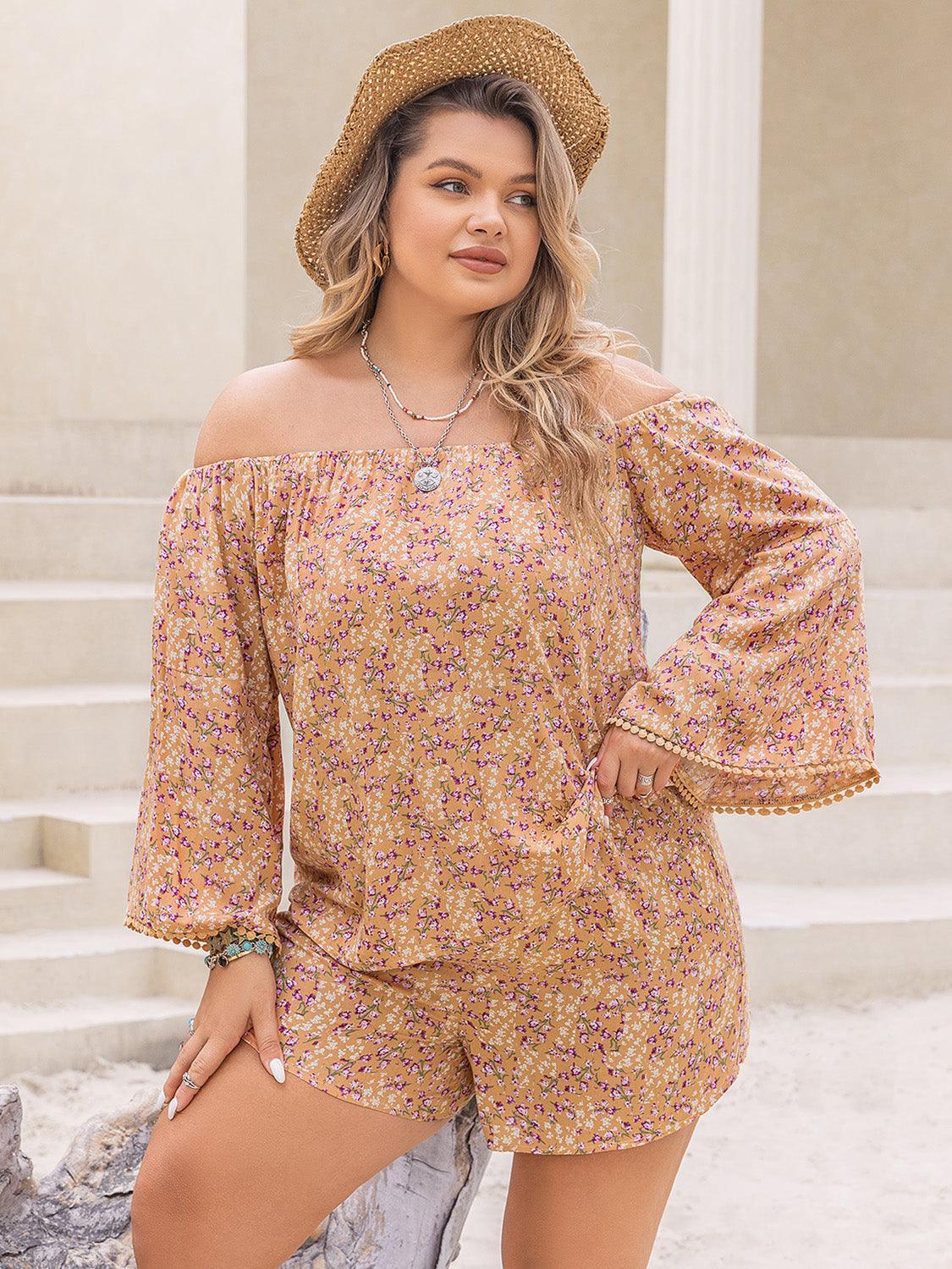 Plus Size Printed Off-Shoulder Top and Shorts Set - ClubOn