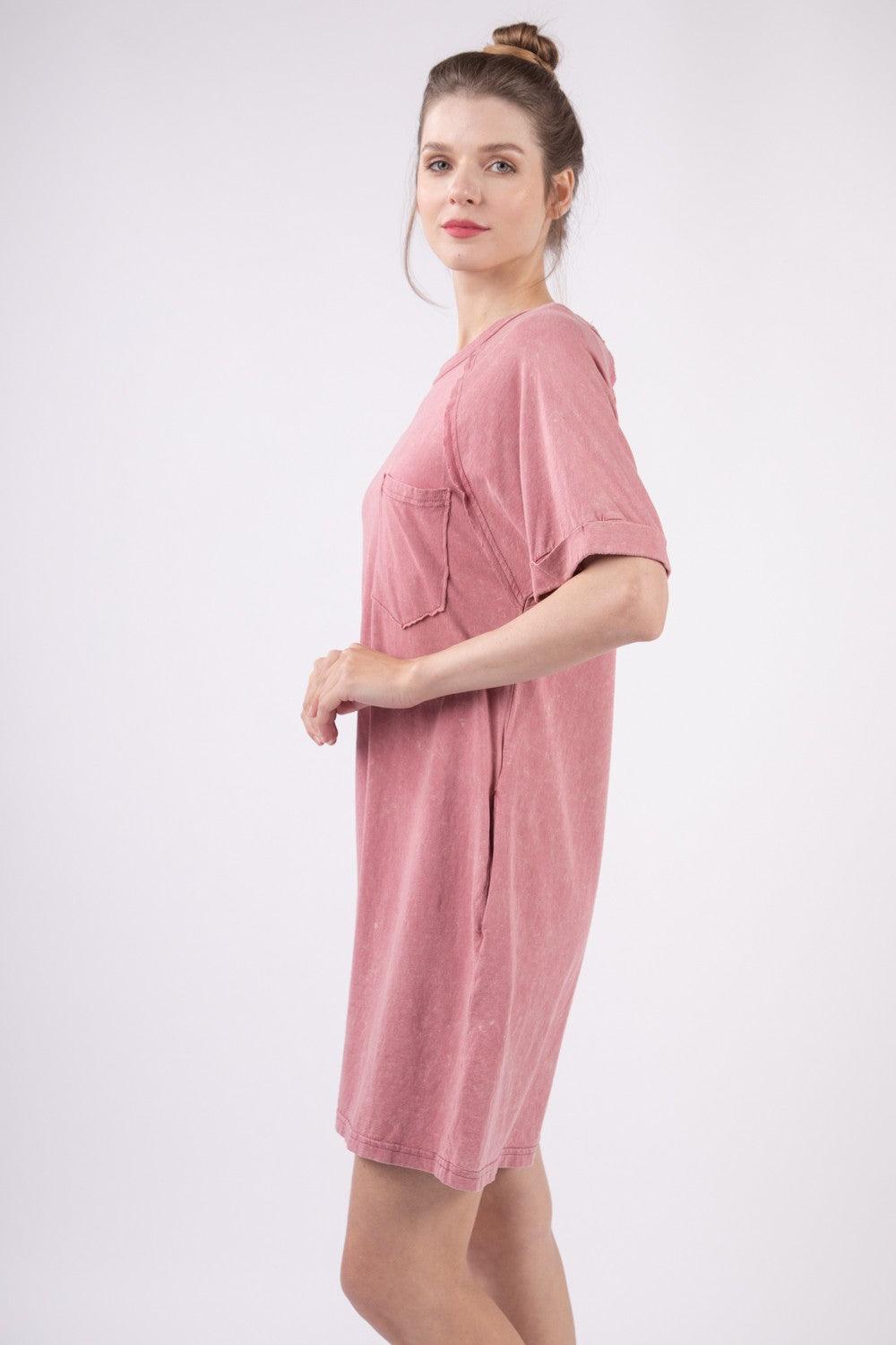 VERY J Washed Round Neck Mini Tee Dress - ClubOn
