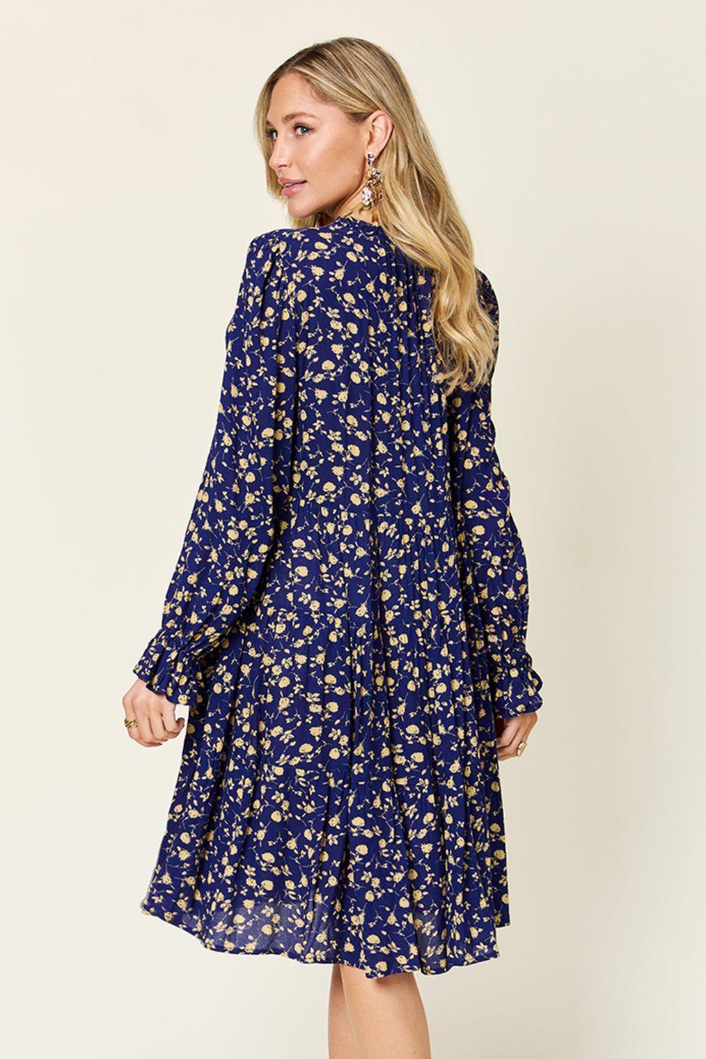 Double Take Full Size Printed Ruffle Hem Long Sleeve Tiered Dress - ClubOn