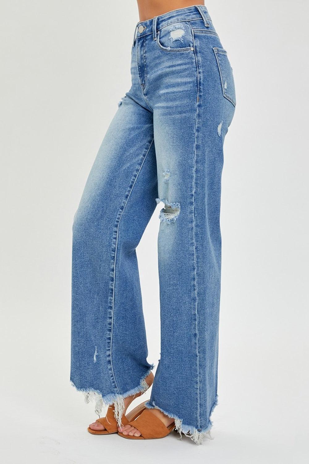 RISEN Full Size High Rise Frayed Hem Wide Leg Jeans - ClubOn