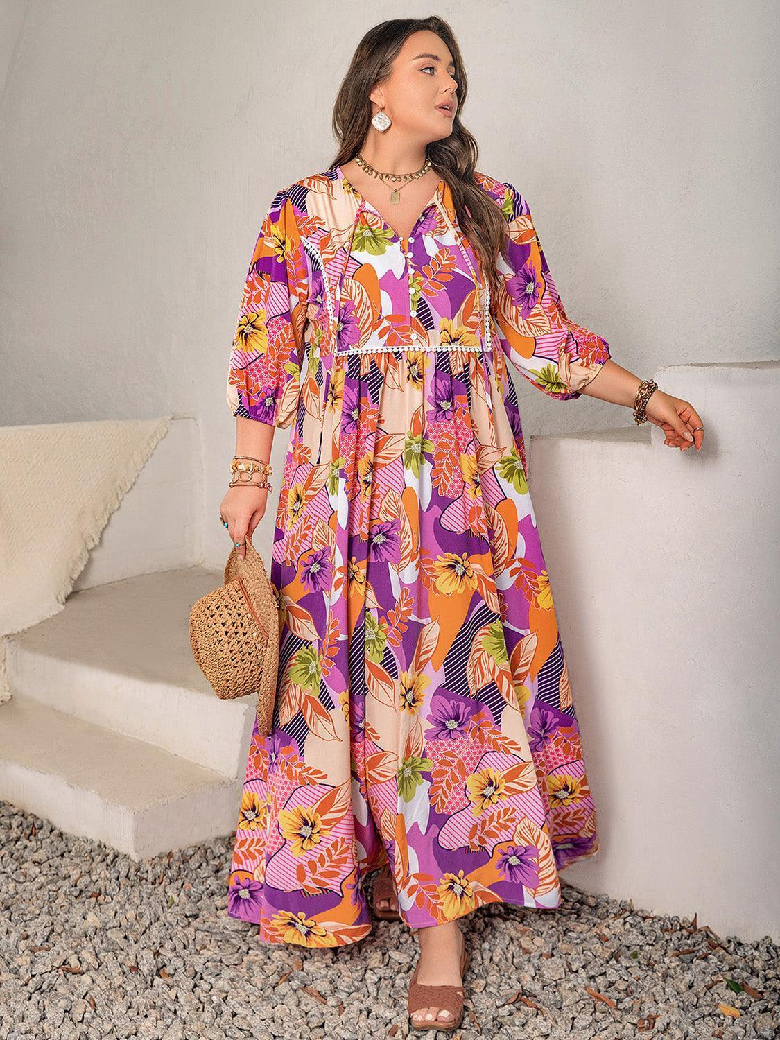 Plus Size Printed Tie Neck Maxi Dress - ClubOn