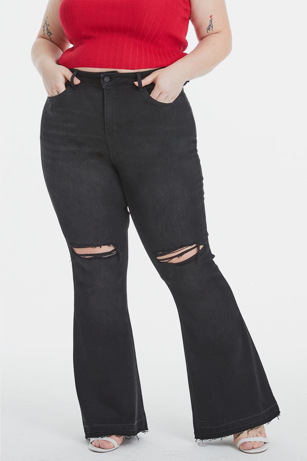 BAYEAS Full Size High Waist Distressed Raw Hem Flare Jeans - ClubOn