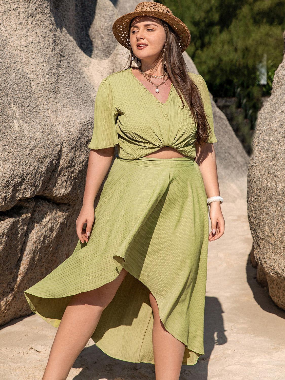 Plus Size V-Neck Half Sleeve Top and High-Low Skirt Set - ClubOn