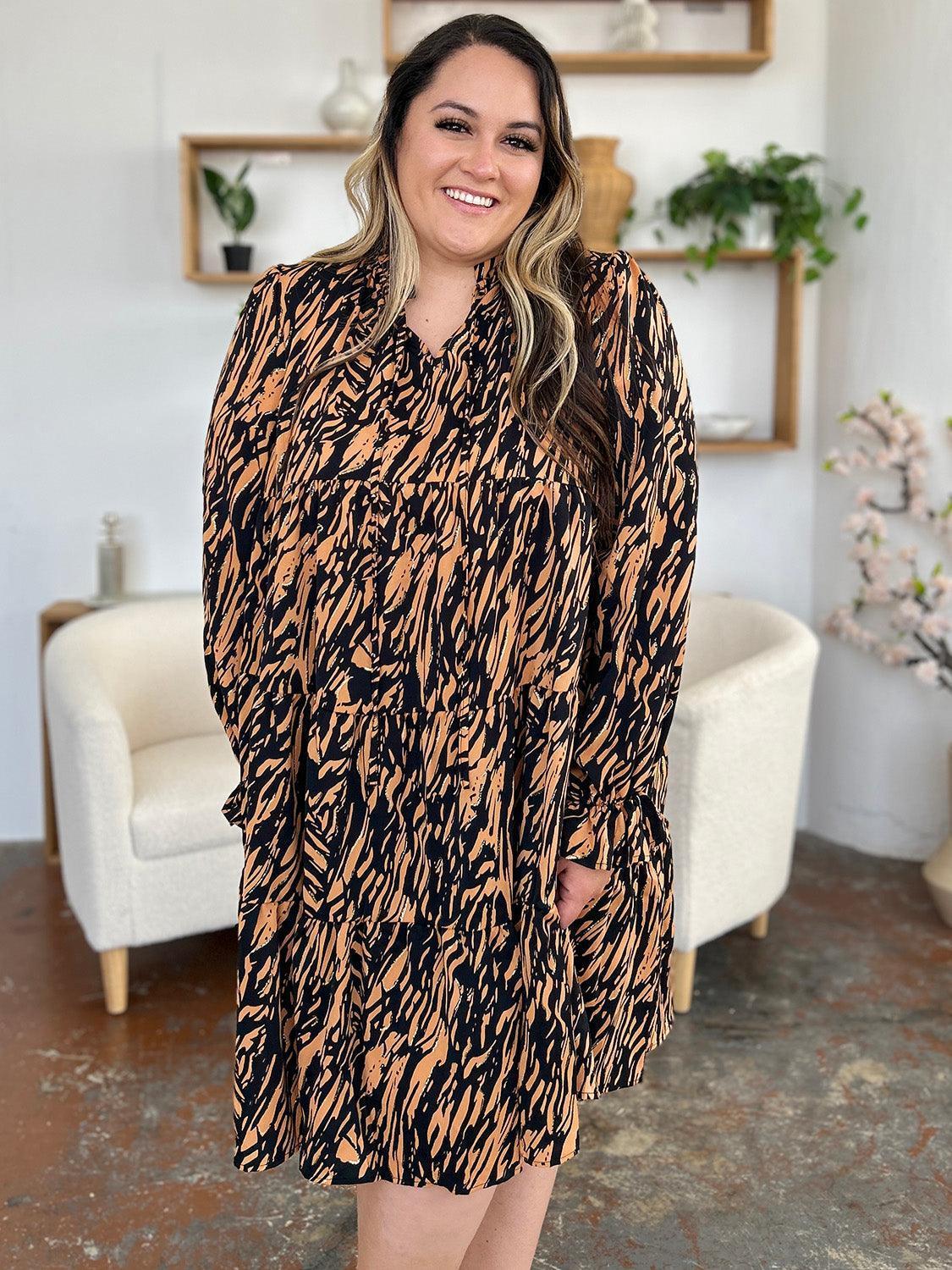 Double Take Full Size Printed Ruffle Hem Long Sleeve Dress - ClubOn