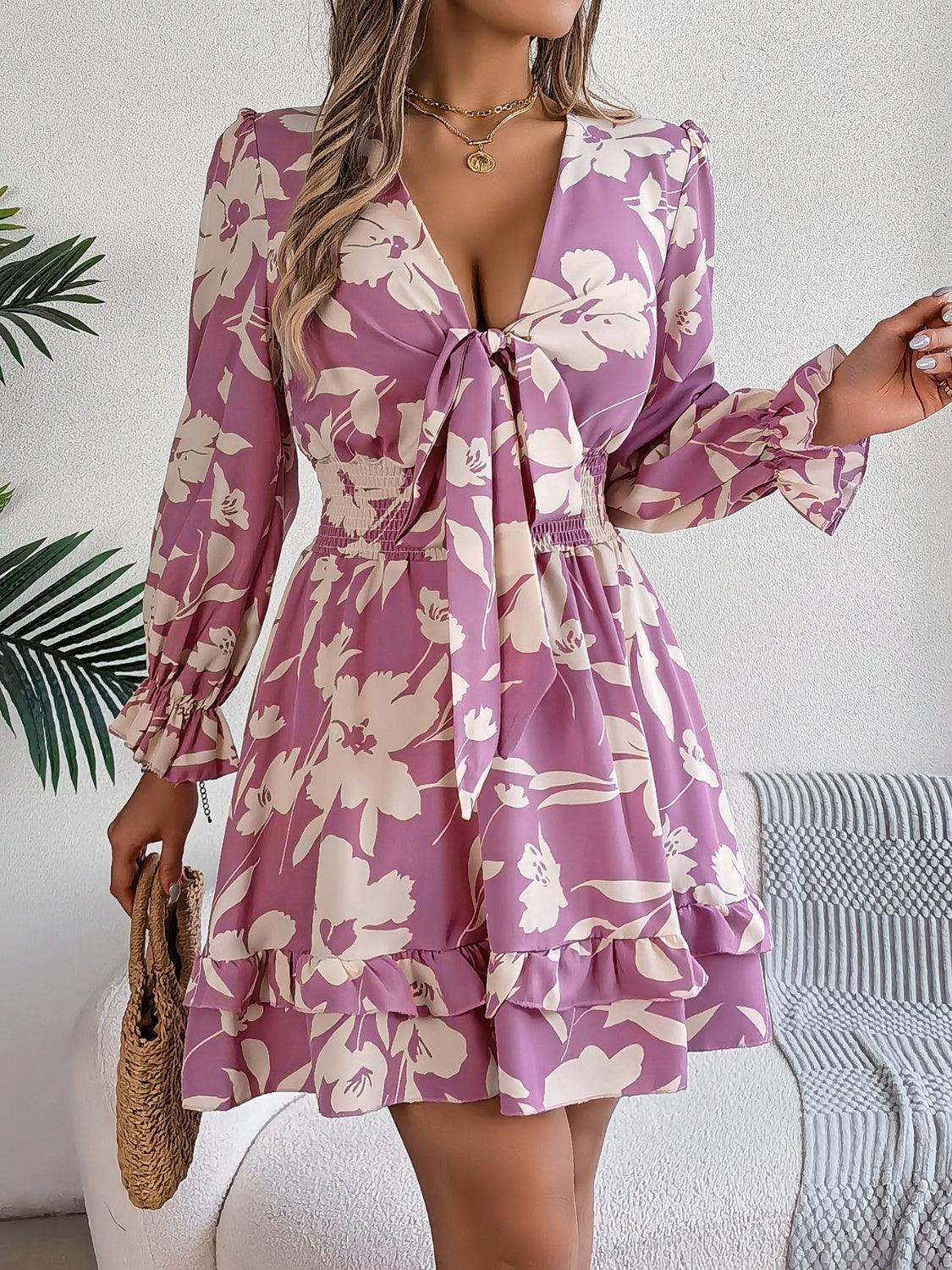 Tied Ruffled Printed Long Sleeve Dress - ClubOn