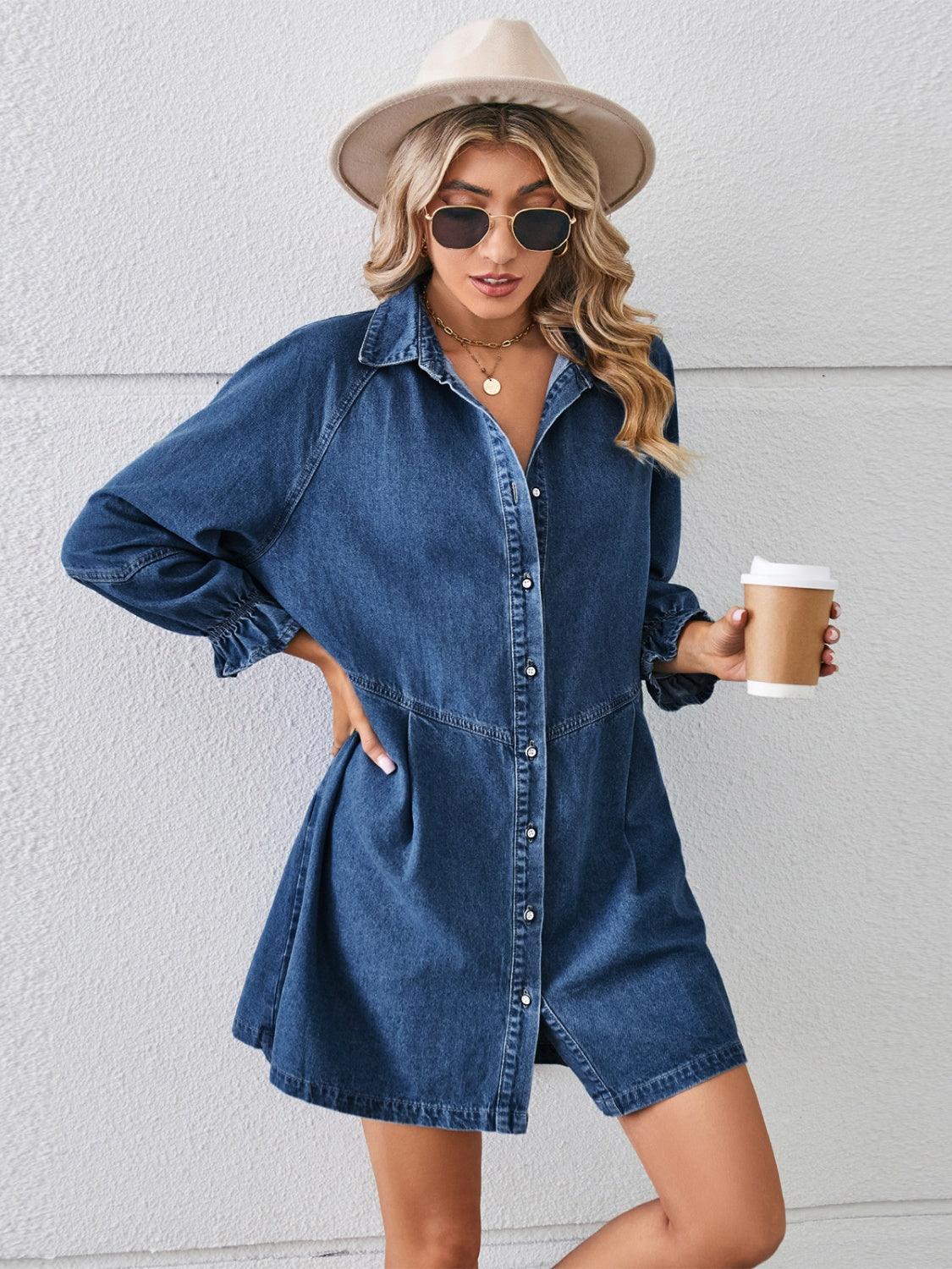 Button Up Flounce Sleeve Mini Denim Dress - ClubOn