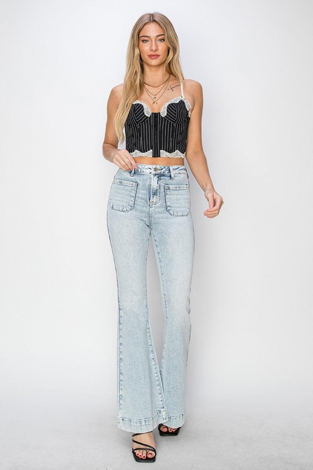 Risen Full Size High Rise Front Patch Pocket Flare Jeans - ClubOn