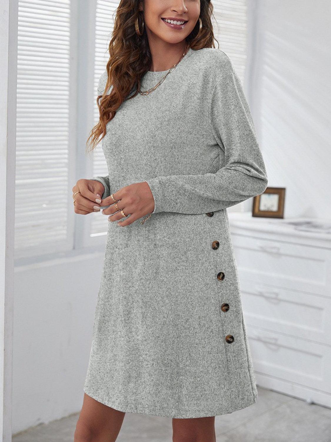 Decorative Button Round Neck Dress - ClubOn