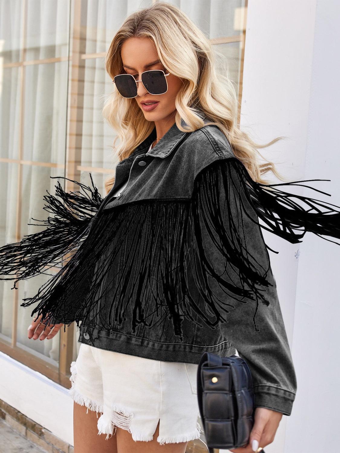 Tassel Button Up Dropped Shoulder Denim Jacket - ClubOn