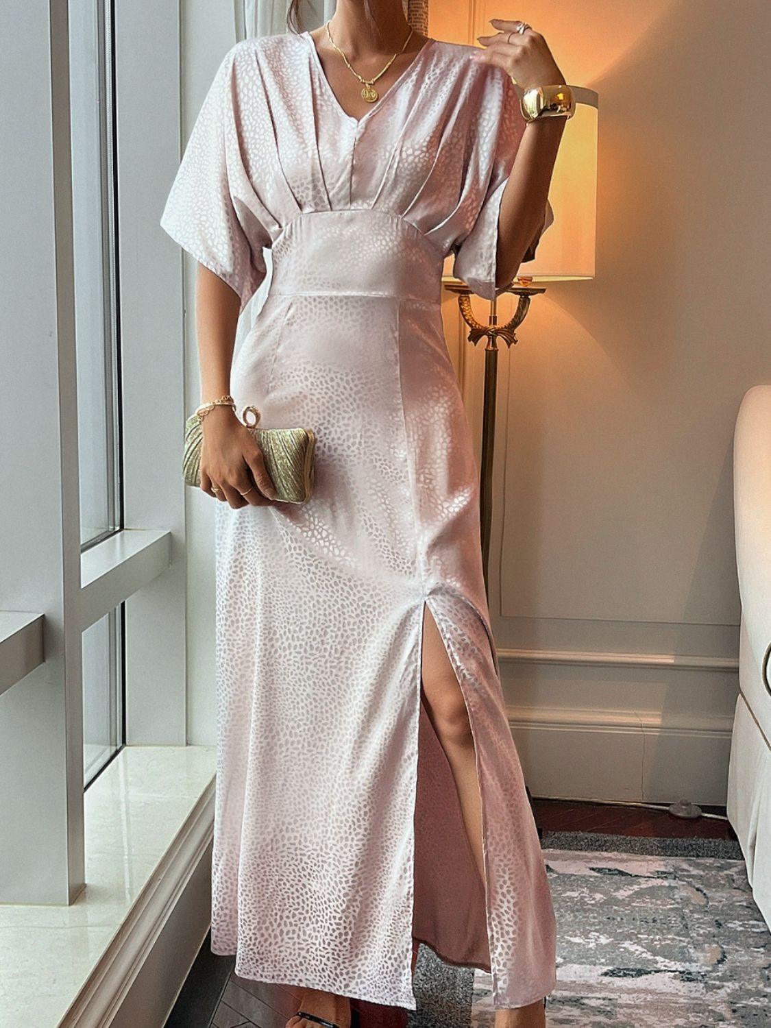 Devine Slit Animal Print V-Neck Half Sleeve Dress - ClubOn