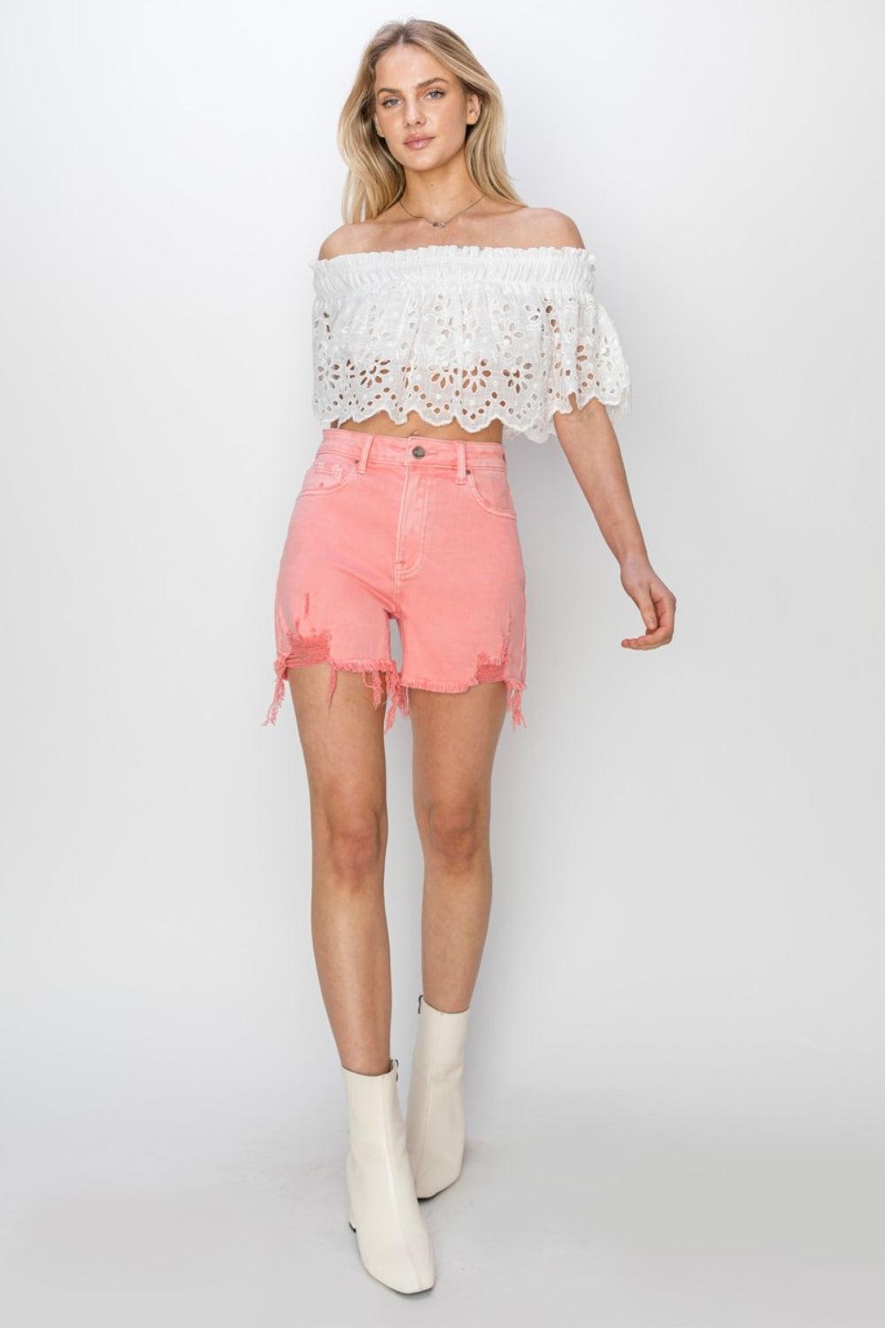 RISEN High Rise Distressed Denim Shorts - ClubOn