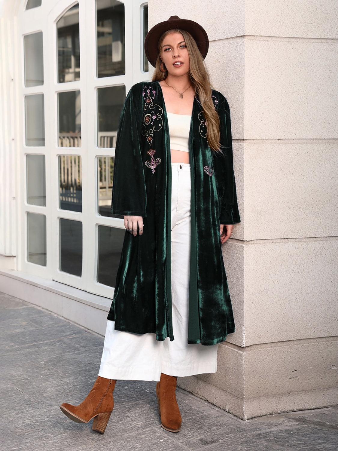 Plus Size Printed Open Front Long Sleeve Cardigan - ClubOn