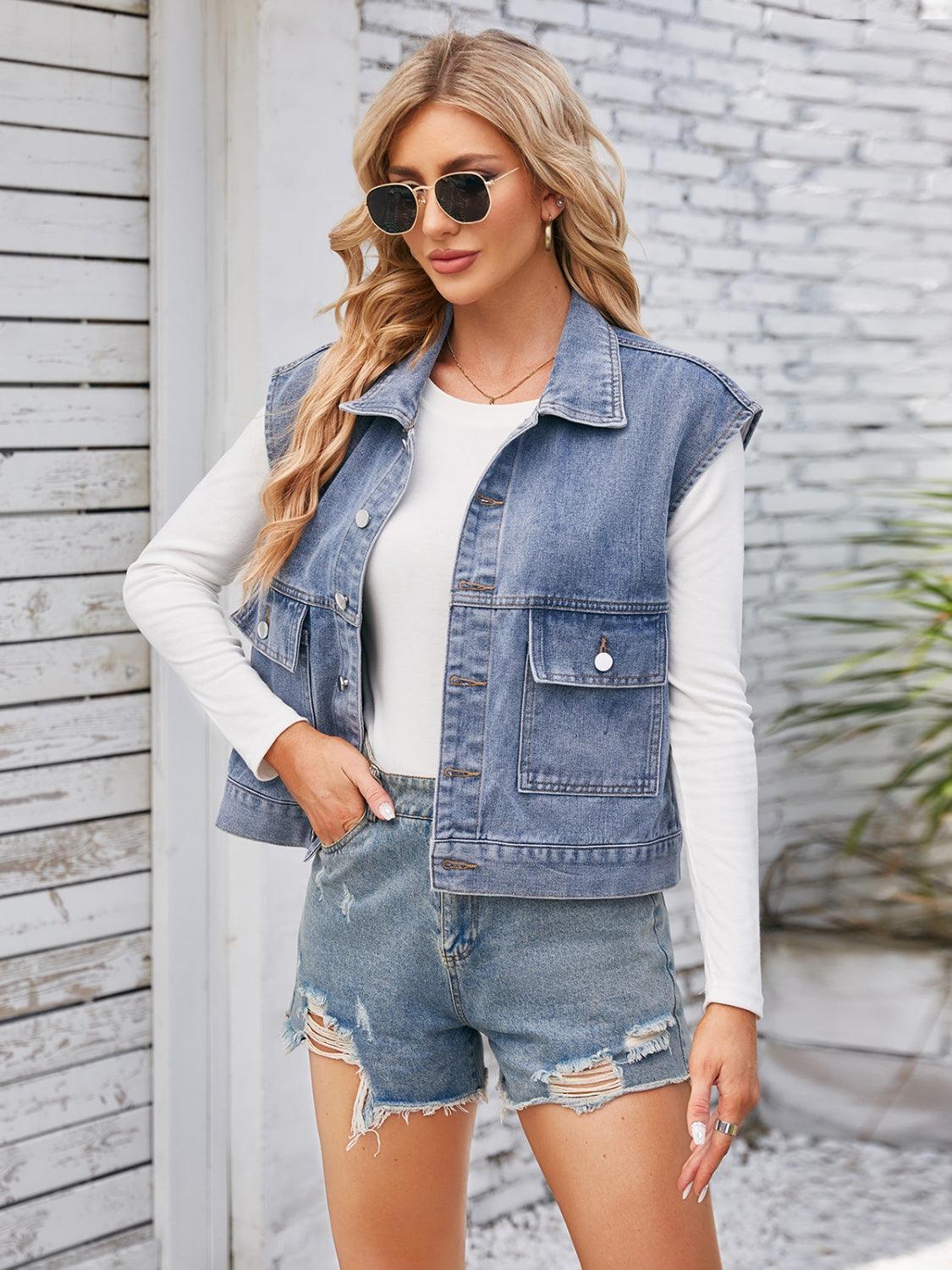 Cap Sleeve Denim Jacket with Pockets - ClubOn