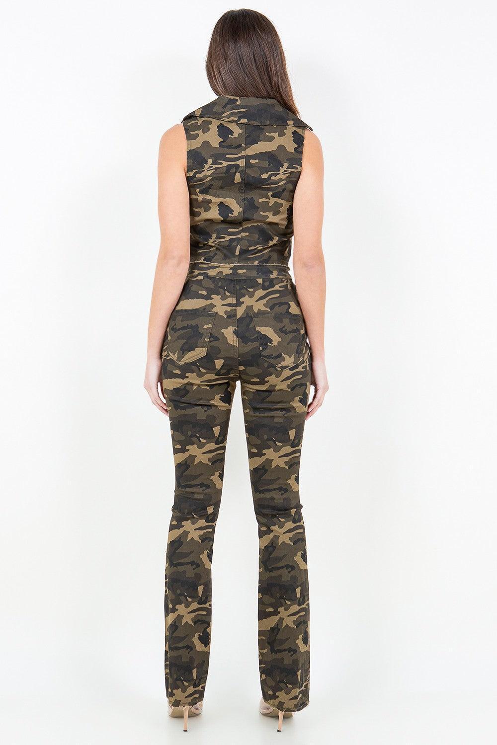 American Bazi V-Cut Ruched Camo Flare Pants - ClubOn