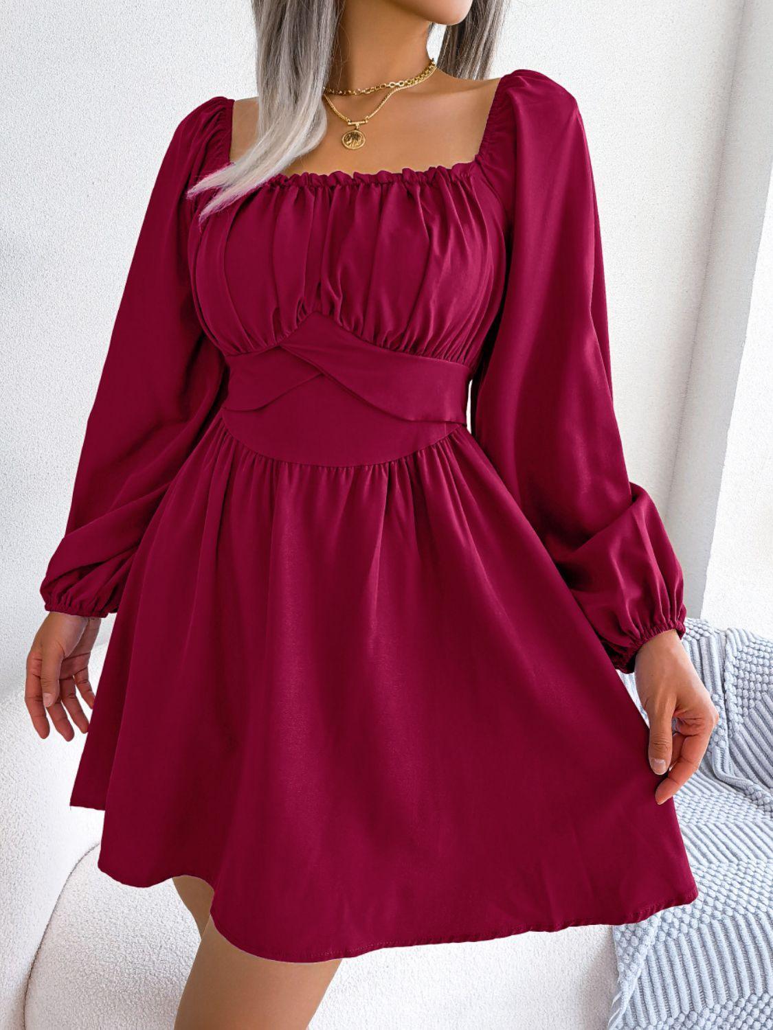 Tied Square Neck Balloon Sleeve Dress - ClubOn